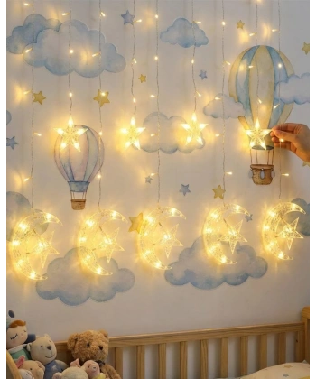 Dekoratif Ay Yıldız Perde Işığı Sıcak Beyaz Festival ve Ev Süsleme