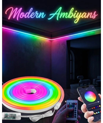 Dekoratif RGB LED Şerit Neon Işık 3 Metre Su Geçirmez Uzaktan Kumandalı Ortam Aydınlatması