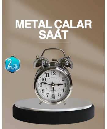 Dekoratif Yuvarlak Gümüş Sessiz Işıklı Masa Üstü Çalar Saat Alarmlı ve Şık Tasarım