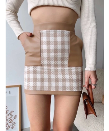 Deri cep garnili kaşe etek bej h24604