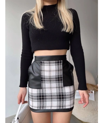 Deri cep garnili kaşe etek siyah h24604