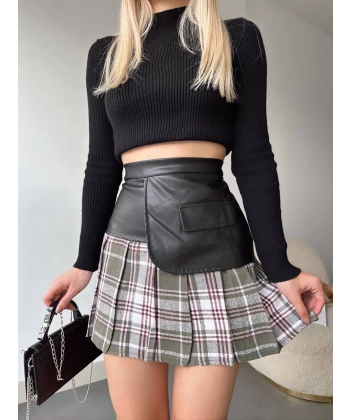 Deri garnili cepli ekose etek siyah s24604