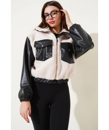 Deri garnili cepli peluş mont siyah t1253