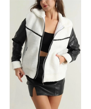 Deri garnili kuzu peluş mont beyaz t1220