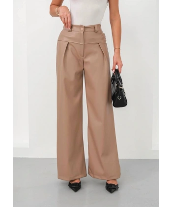 Deri geniş paça beli lastikli pantolon bej h263644