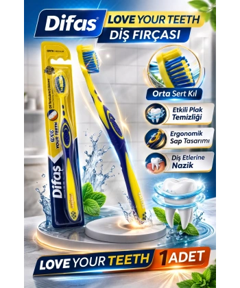 Difaş Love Your Teeth Diş Fırçası 1 Adet Orta Sert Ergonomik Tutma Saplı Manuel Diş Fırçası