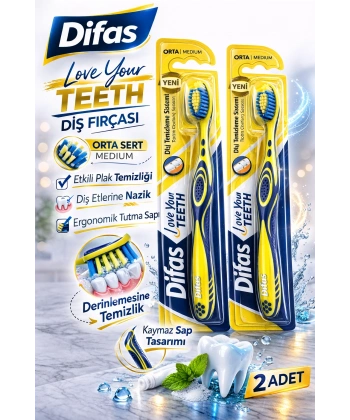 Difaş Love Your Teeth Diş Fırçası 2 Adet Orta Sert Medium Ergonomik Saplı Manuel Diş Fırçası