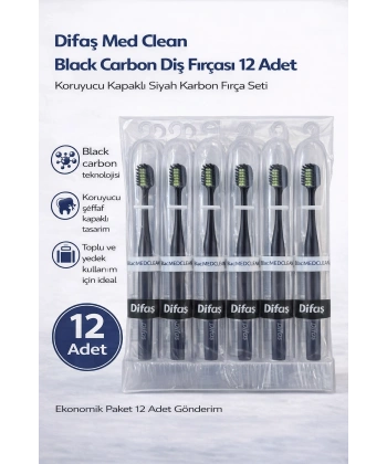 Difaş Med Clean Black Carbon Diş Fırçası 12 Adet Standlı Koruyucu Kapaklı Siyah Karbon Fırça Seti