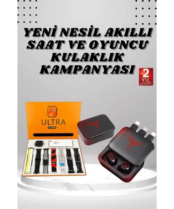 Dijital Göstergeli Powerbank Kablosuz Kulaklık ve 7 Kordonlu Yeni Nesil Akıllı Saat Dokunmatik Kontrol
