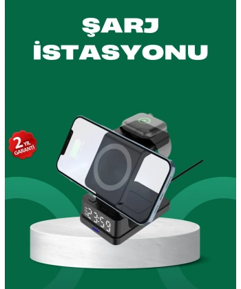 Dijital Saatli Kablosuz Şarj İstasyonu – 3’ü 1 Arada Apple Uyumlu Hızlı Şarj ve LED Ekran