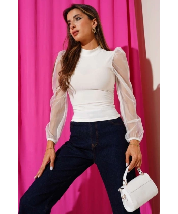 Dik yaka tül kollu bluz beyaz t3066