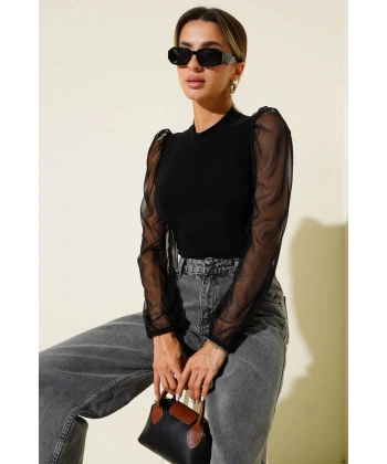 Dik yaka tül kollu bluz siyah t3066
