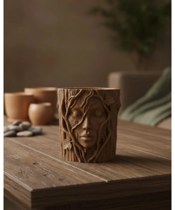 Doğa Temalı Yüz Detaylı Dekoratif Vazo 3D Ağaç Desenli Şık Saksı