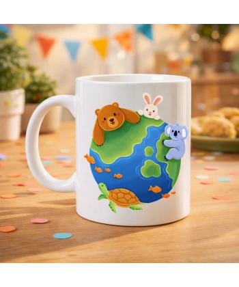 Dostluk Dünyası Desenli Porselen Kupa MODEL 74 – Sevimli Hayvanlar Temalı, Renkli ve Neşeli Tasarım