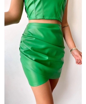 Drapeli deri etek yeşil s24771