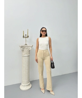 Düğmeli Palazzo pantolon bej p170091