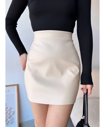 Düz deri etek bej h24468