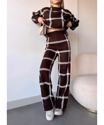 Ekoseli triko takım kahvebeyaz