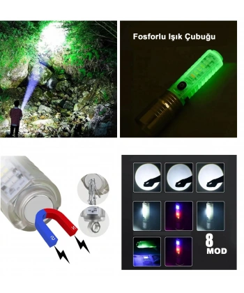 El Feneri 8 Mod Şarjlı Fosforlu Mıknatıslı Led El Feneri