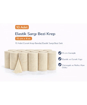 Elastik Sargı Bezi Krep 15 cm x 4 m 10 Adet Esnek Krep Bandaj Elastik Sargı Bezi Seti