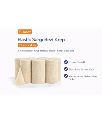 Elastik Sargı Bezi Krep 15 cm x 4 m 5 Adet Esnek Krep Bandaj Elastik Sargı Bezi Seti