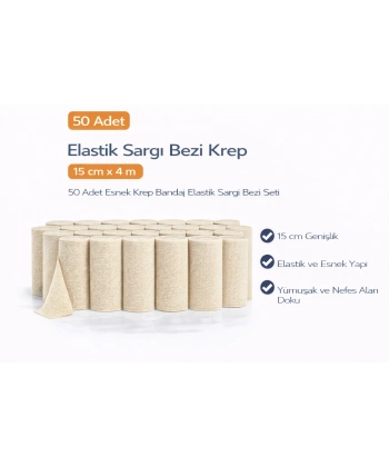 Elastik Sargı Bezi Krep 15 cm x 4 m 50 Adet Esnek Krep Bandaj Elastik Sargı Bezi Seti