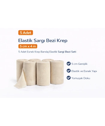 Elastik Sargı Bezi Krep 5 cm x 4 m 5 Adet Esnek Krep Bandaj Elastik Sargı Bezi Seti