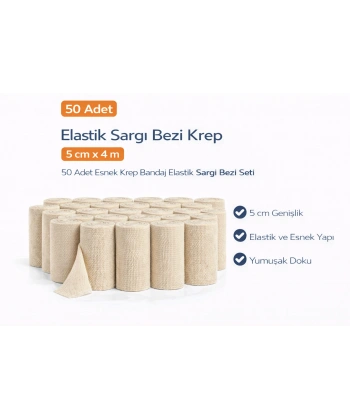 Elastik Sargı Bezi Krep 5 cm x 4 m 50 Adet Esnek Krep Bandaj Elastik Sargı Bezi Seti