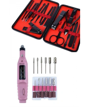 Elektrikli Manikür Pedikür Seti İkili Set 17 Parça Tırnak Bakımı Nasır Temizleme Tırnak Şekillendirme