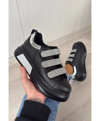 Elika Siyah Cilt Simli Cırt Cırtlı Spor Ayakkabı