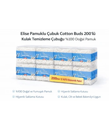 Elise Pamuklu Çubuk Cotton Buds 200’lü Kulak Temizleme Çubuğu Doğal Pamuk 12 Paket