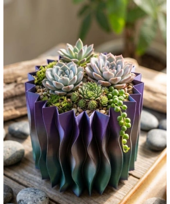 Estetik Dalga Formlu Mor 3D Baskı Dekoratif Vazo Modern Ev Aksesuarı