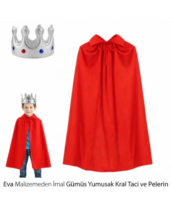 Eva Malzemeden Gümüş Yumuşak Kral Tacı ve Kırmızı Pelerin Seti