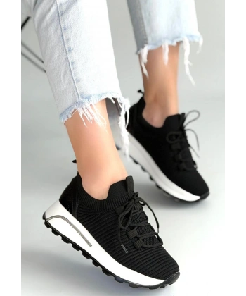 Feort Siyah Triko Bağcıklı Spor Ayakkabı