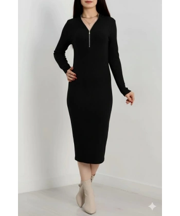 Fermuar detaylı fitilli şardonlu elbise siyah a3178