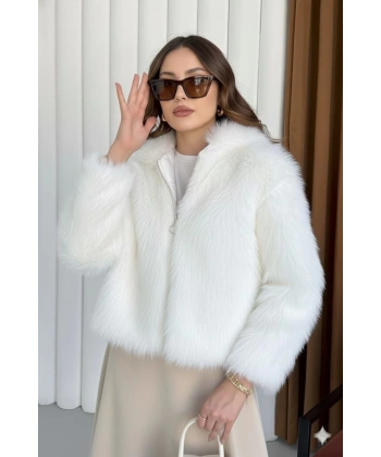 Fermuarlı kısa kürk beyaz t7746