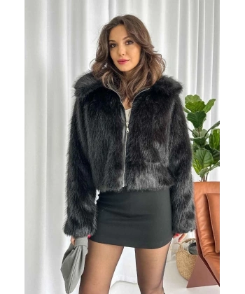 Fermuarlı kısa kürk siyah t7746