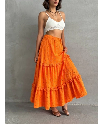 Fırfırlı brodeli astarlı uzun etek turuncu s255047