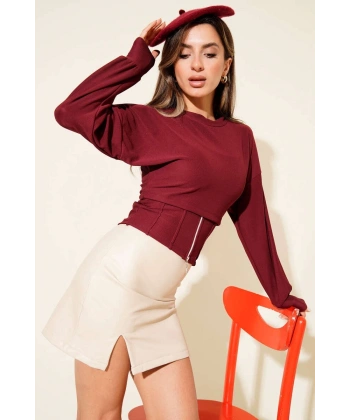 Fitilli Bisiklet Yaka İkili Bluz bordo T4341