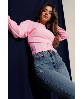 Fitilli Bisiklet Yaka İkili Bluz Pembe T4341