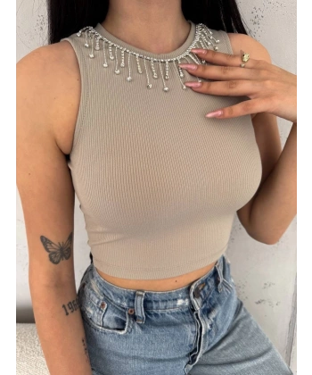 fitilli kaşkorse yakası zincirli atlet vizon