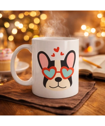 French Bulldog Desenli Kalpli Gözlüklü Porselen Kupa Model 50 – Sevimli Köpek Tasarımlı Kahve Kupası