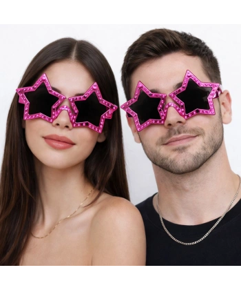 Fuşya Renk Disko Yıldızı Retro Parti Gözlüğü 16X7 cm
