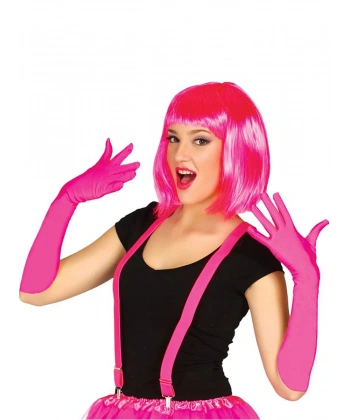 Fuşya Renk Saten Uzun Eldiven ve Küt Parti Peruğu