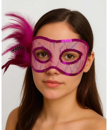 Fuşya Renk Yandan Tüylü Pul Payet İşlemeli Parti Maskesi 23x12 cm