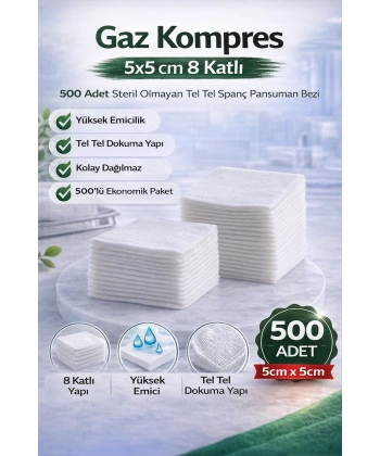 Gaz Kompres 5x5 cm 8 Katlı 500 Adet Steril Olmayan Tel Tel Spanç Pansuman Bezi