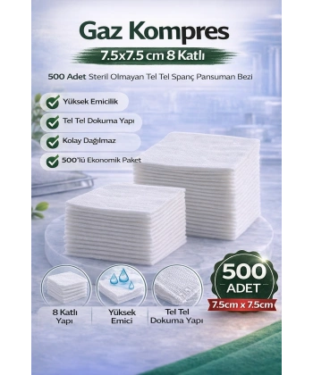Gaz Kompres 7,5x7,5 cm 8 Katlı 500 Adet Steril Olmayan Tel Tel Spanç Pansuman Bezi