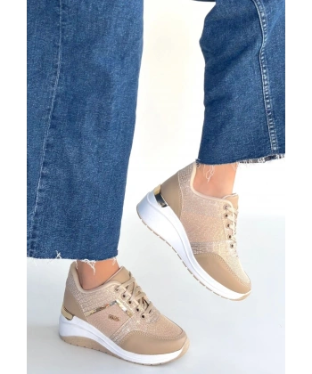 Geja Bej Cilt Bağcıklı Spor Ayakkabı