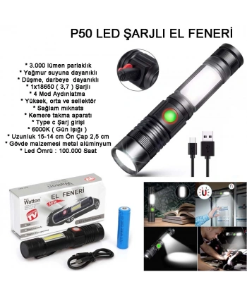 Geniş Açılı P50 Led Şarjlı EL Feneri Watton Wt-601