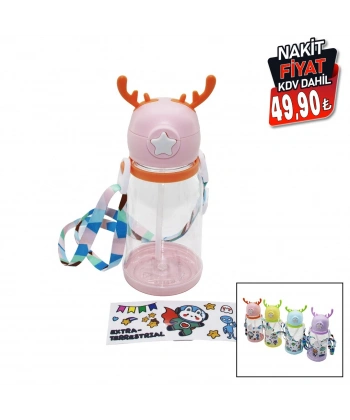 GEYİK MODELİ PİPETLİ ÇOCUK MATARA SULUK ASKI İPLİ STİCKER HEDİYELİ